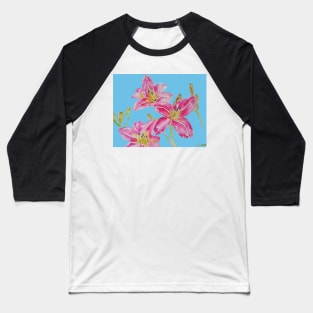 Pink Lily Flower Watercolor Painting Pattern - on Pastel Blue Baseball T-Shirt